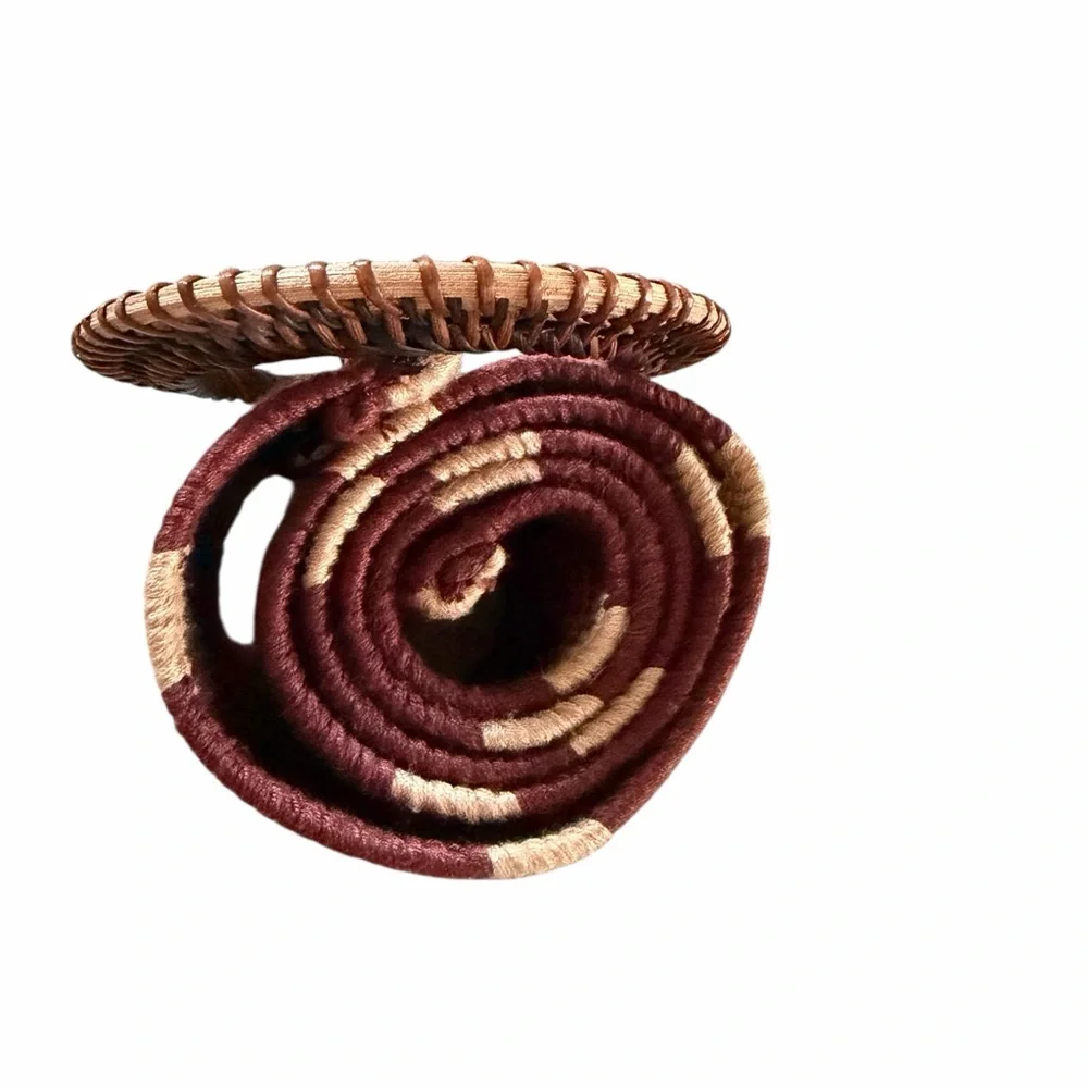 Zara Woven‎ Belt Womens 30 Burgundy Tan Excellent Boho Western Round Buckle
